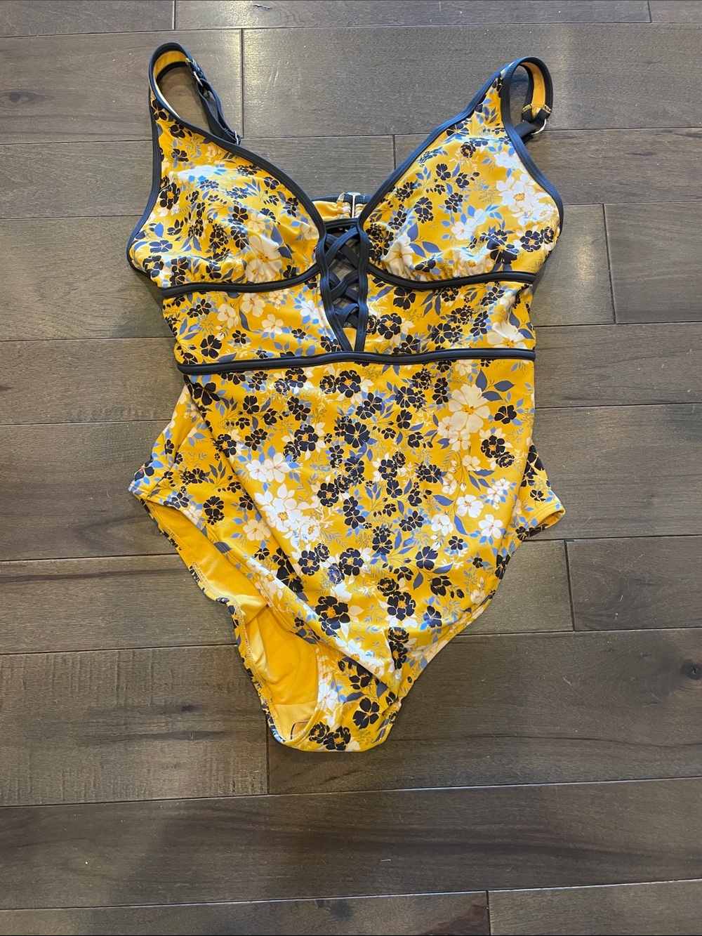 Adore Me Yellow Floral Lace-Up One-Piece with Black Trim